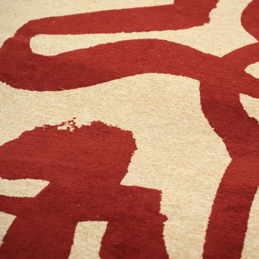 Beige And Red Abstract Washable Area Rug With UV Protection Photo 8