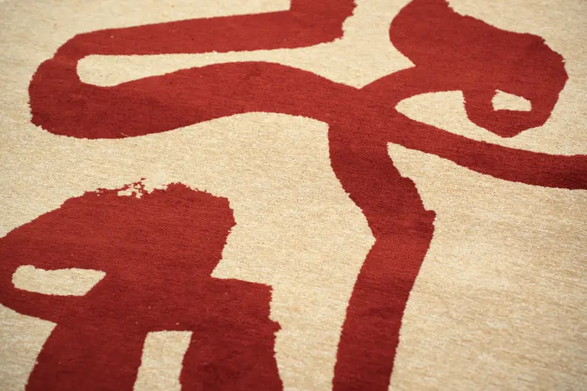 Beige And Red Abstract Washable Area Rug With UV Protection Photo 6