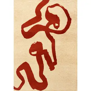 Photo of Beige And Red Abstract Washable Area Rug With UV Protection