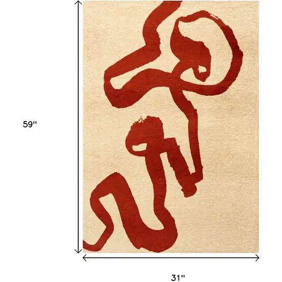 Beige And Red Abstract Washable Area Rug With UV Protection Photo 9