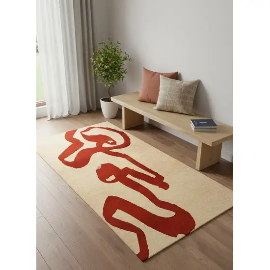 Beige And Red Abstract Washable Area Rug With UV Protection Photo 1