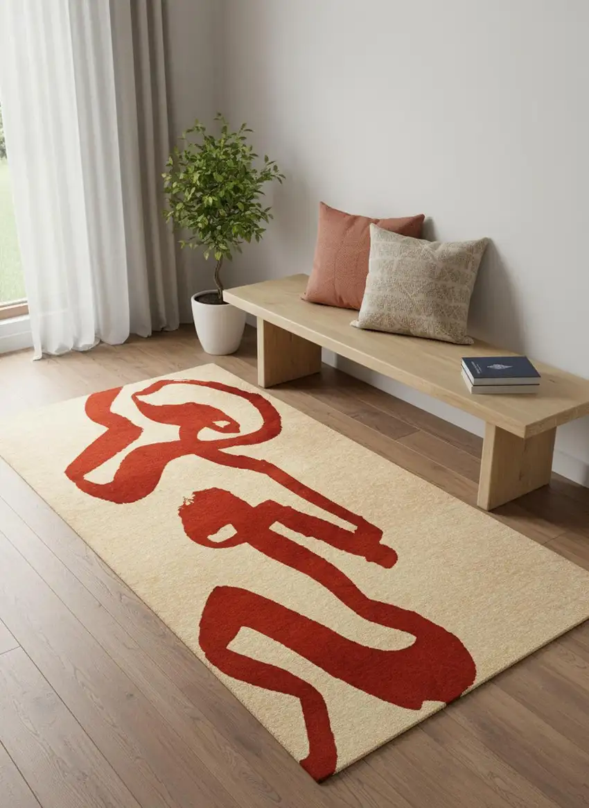 Beige And Red Abstract Washable Area Rug With UV Protection Photo 1