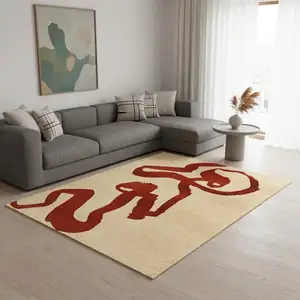 Photo of Beige And Red Abstract Washable Area Rug With UV Protection