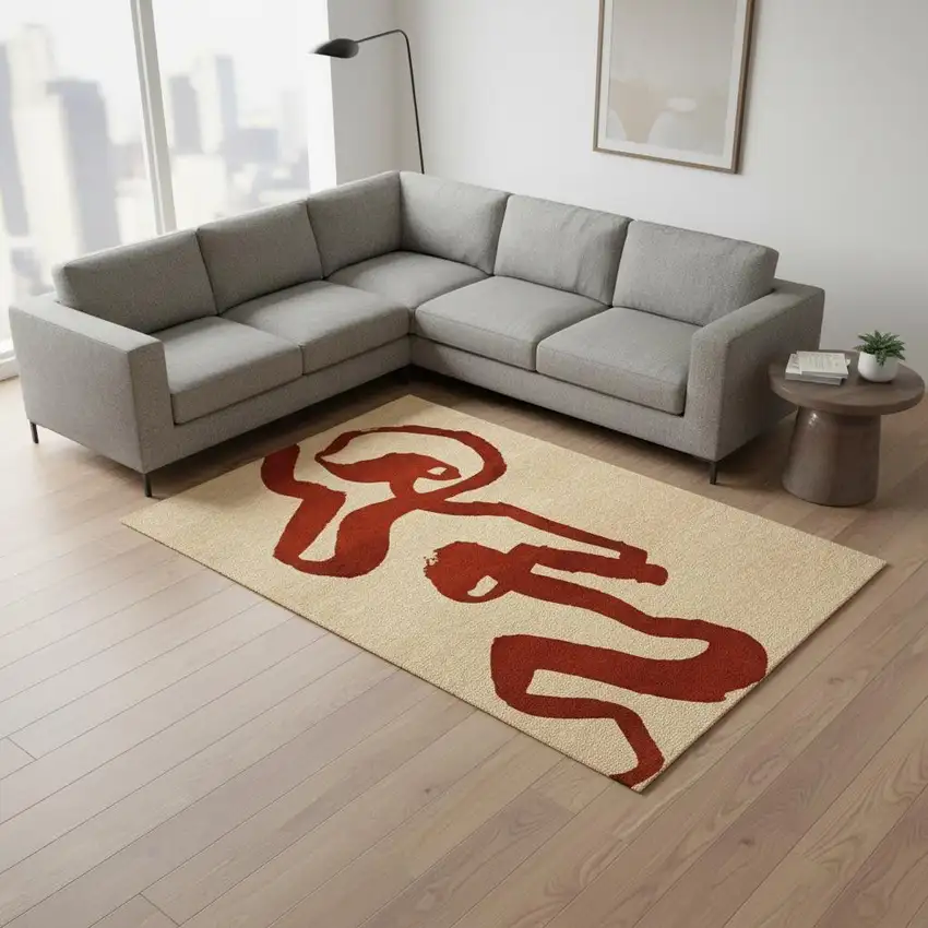 Beige And Red Abstract Washable Area Rug With UV Protection Photo 1
