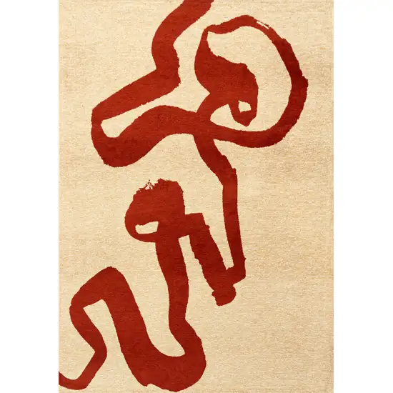 Beige And Red Abstract Washable Area Rug With UV Protection Photo 1