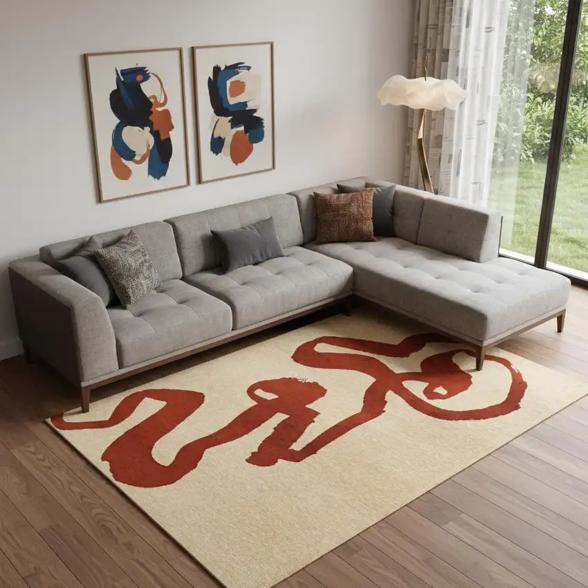 Beige And Red Abstract Washable Area Rug With UV Protection Photo 1