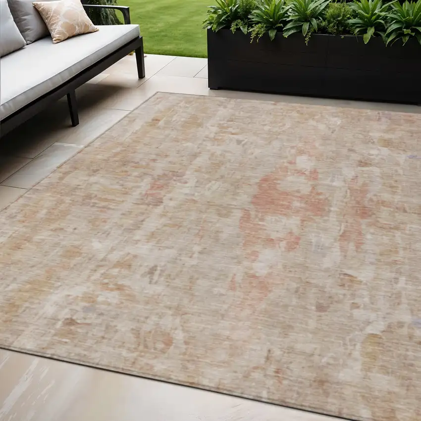 Beige And Salmon Abstract Washable Indoor Outdoor Area Rug Photo 1