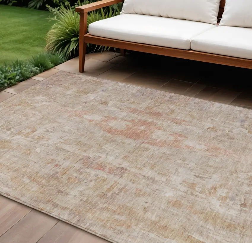 Beige And Salmon Abstract Washable Indoor Outdoor Area Rug Photo 1