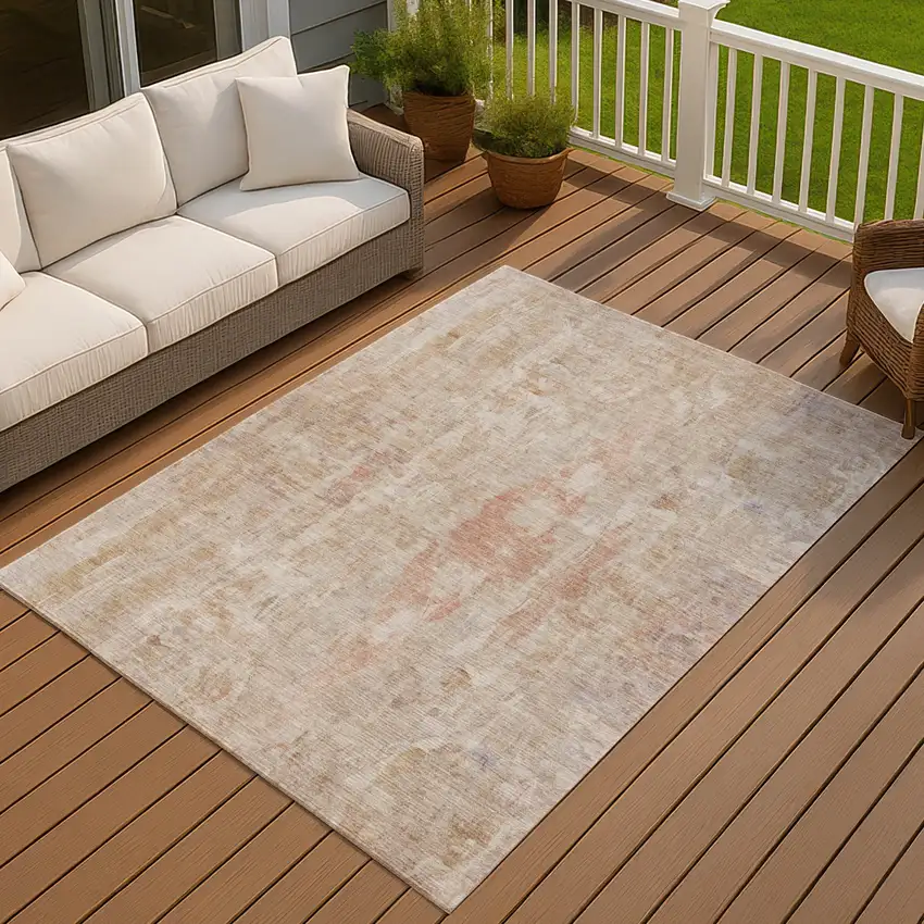 Beige And Salmon Abstract Washable Indoor Outdoor Area Rug Photo 6