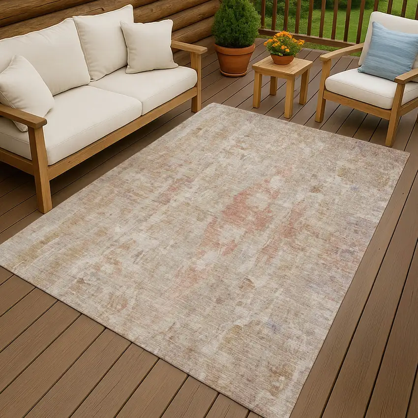 Beige And Salmon Abstract Washable Indoor Outdoor Area Rug Photo 9