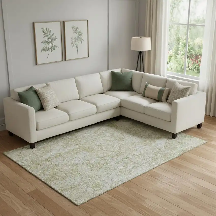 Beige And Silver Abstract Washable Area Rug With UV Protection Photo 1