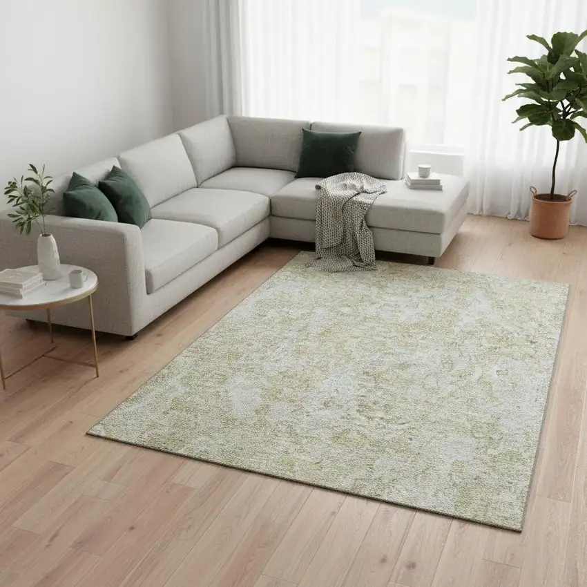 Beige And Silver Abstract Washable Area Rug With UV Protection Photo 2