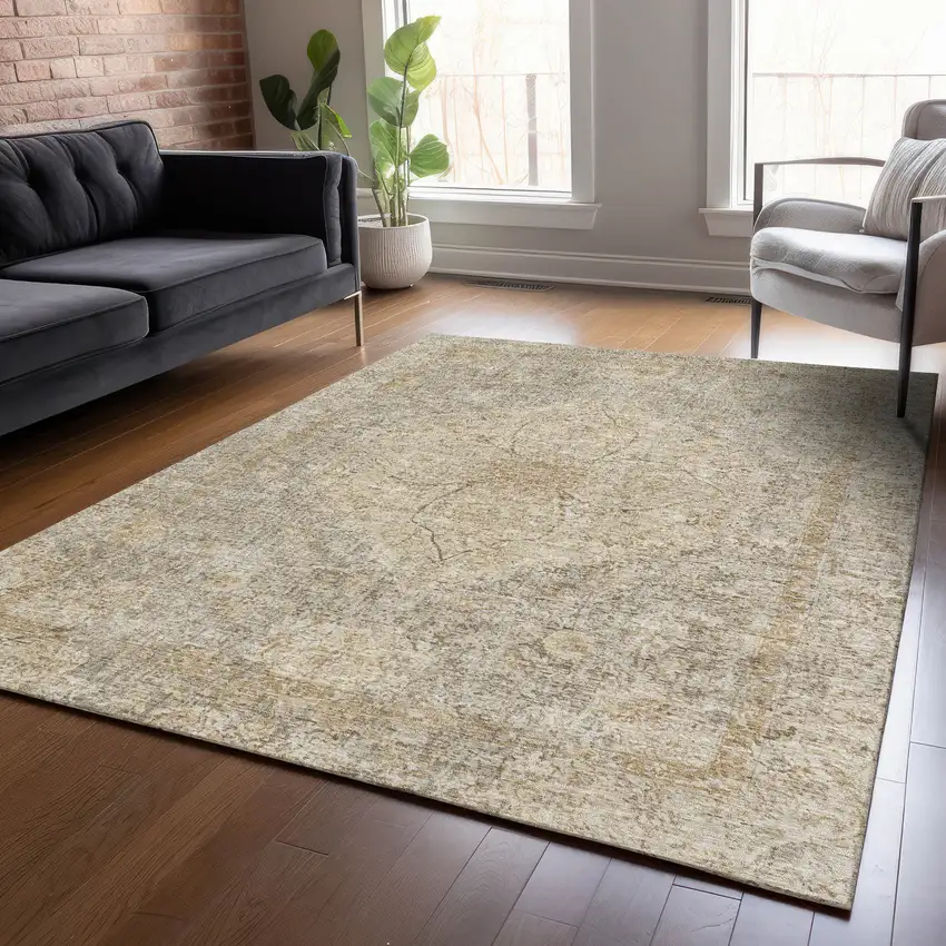 Beige And Silver Oriental Washable Indoor Outdoor Area Rug Photo 6