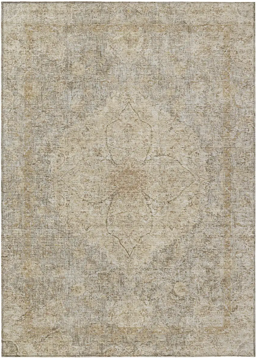 Beige And Silver Oriental Washable Indoor Outdoor Area Rug Photo 1