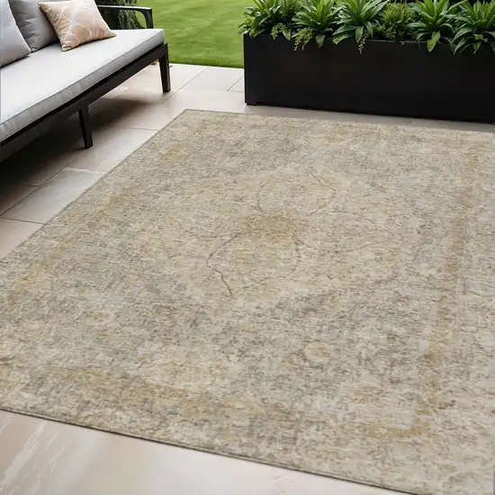 Beige And Silver Oriental Washable Indoor Outdoor Area Rug Photo 2