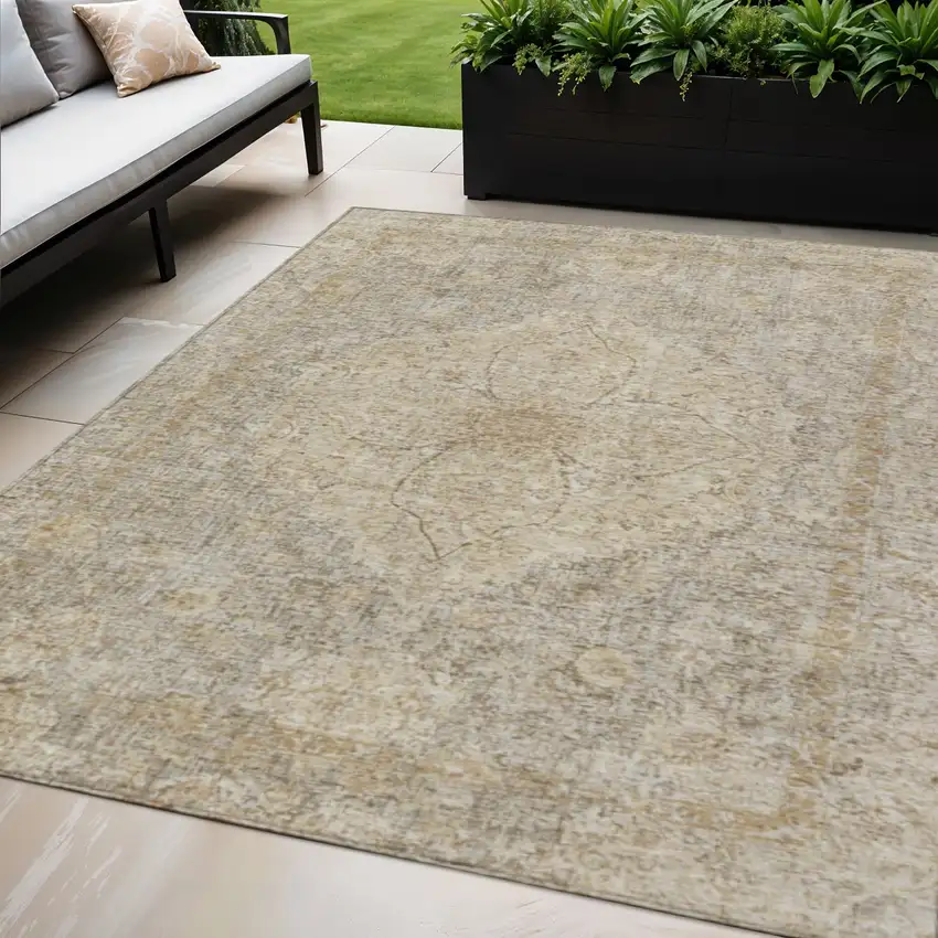 Beige And Silver Oriental Washable Indoor Outdoor Area Rug Photo 2