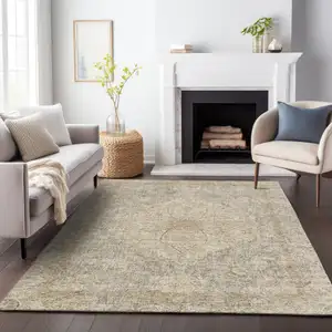 Photo of Beige And Silver Oriental Washable Indoor Outdoor Area Rug