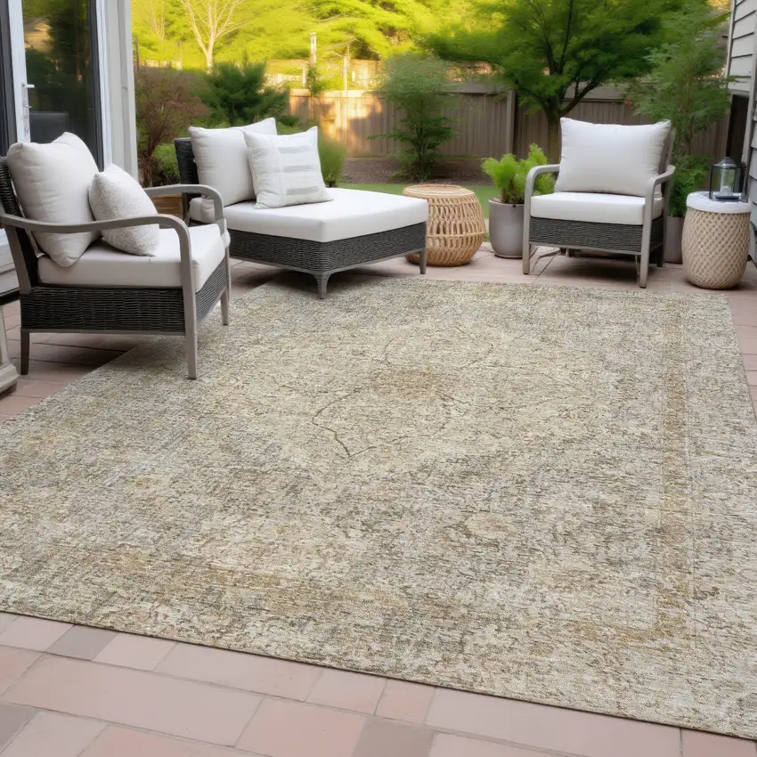 Beige And Silver Oriental Washable Indoor Outdoor Area Rug Photo 8