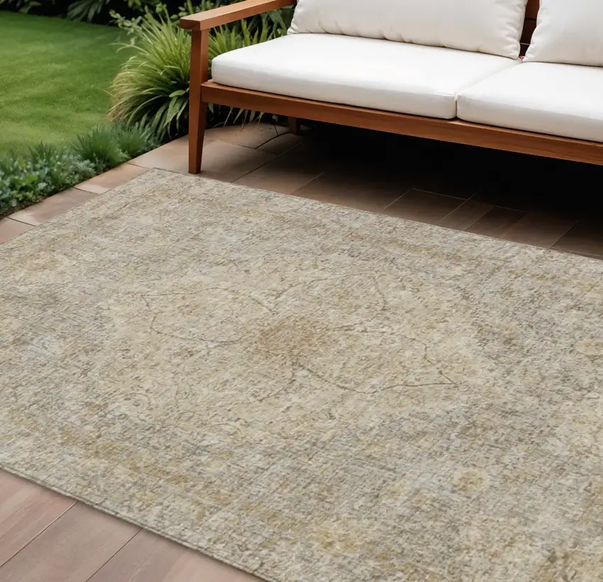 Beige And Silver Oriental Washable Indoor Outdoor Area Rug Photo 2