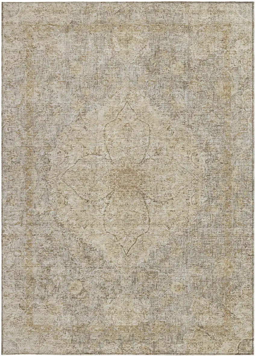 Beige And Silver Oriental Washable Indoor Outdoor Area Rug Photo 3