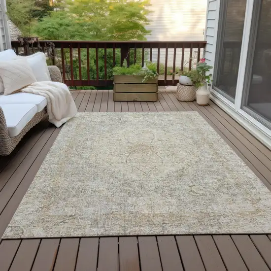 Beige And Silver Oriental Washable Indoor Outdoor Area Rug Photo 5