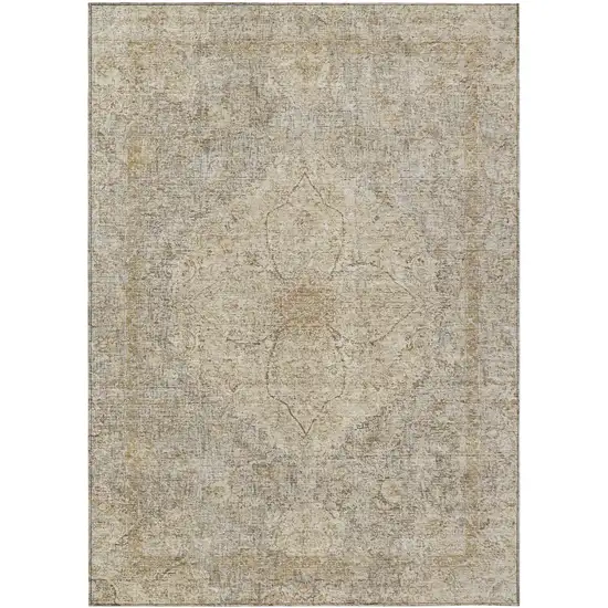Beige And Silver Oriental Washable Indoor Outdoor Area Rug Photo 1