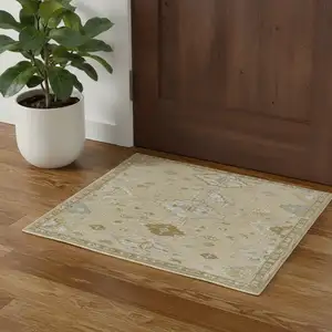 Photo of Beige And Silver Wool Medallion Hand Tufted Square Rug