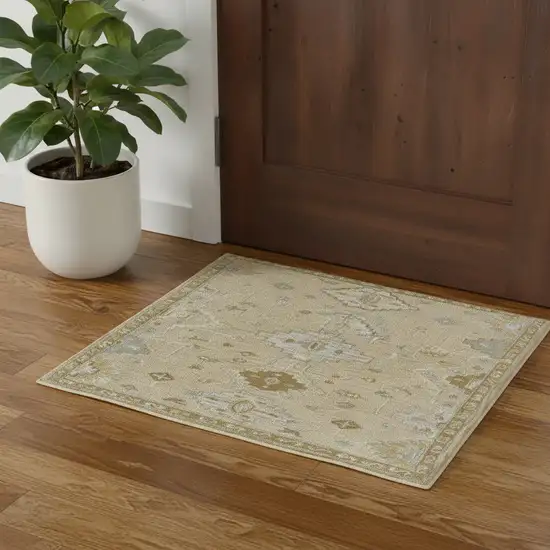 Beige And Silver Wool Medallion Hand Tufted Square Rug Photo 1