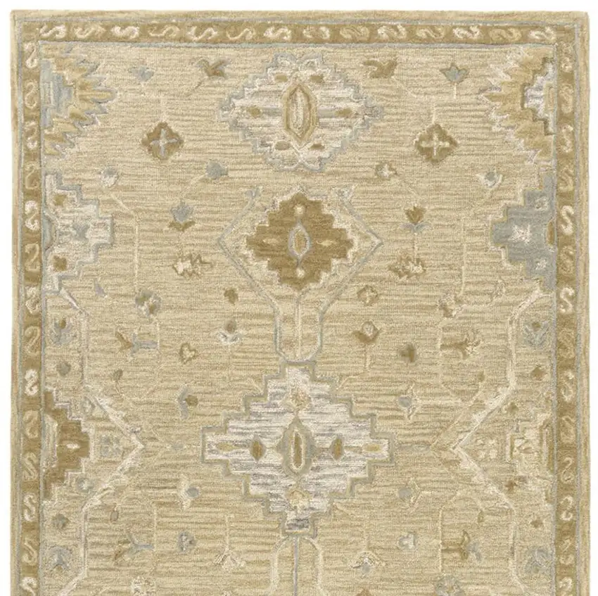 Beige And Silver Wool Medallion Hand Tufted Square Rug Photo 5