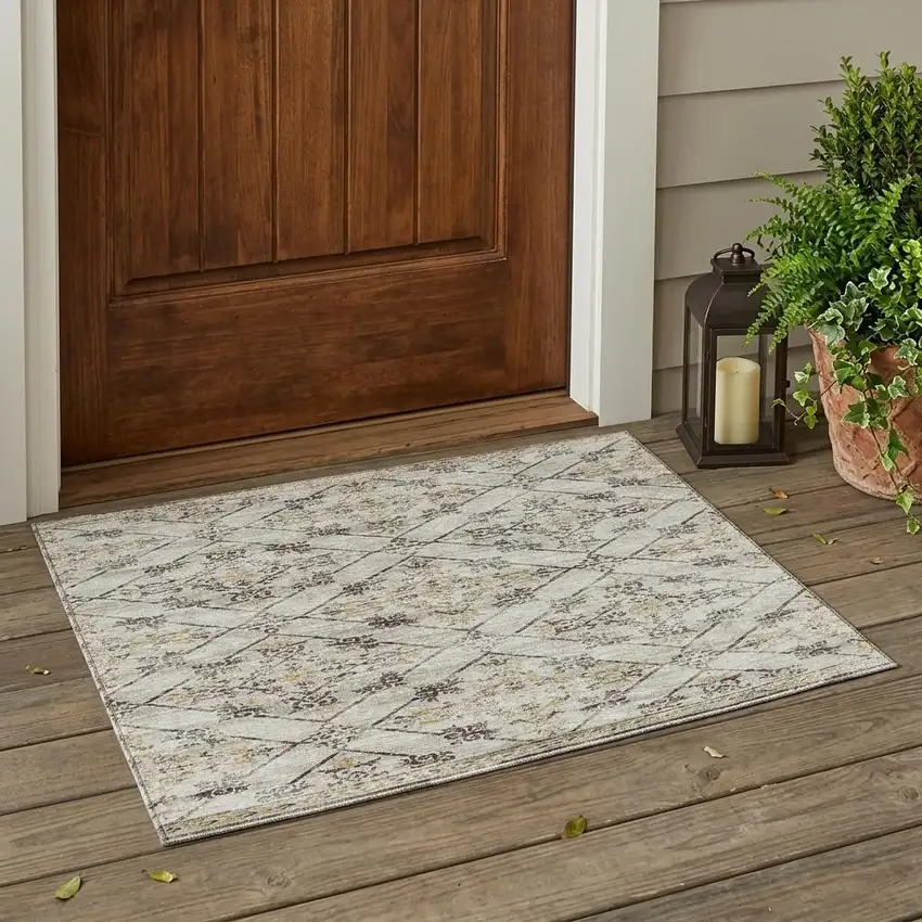 Beige And Sky Blue Geometric Washable Indoor Outdoor Area Rug Photo 1