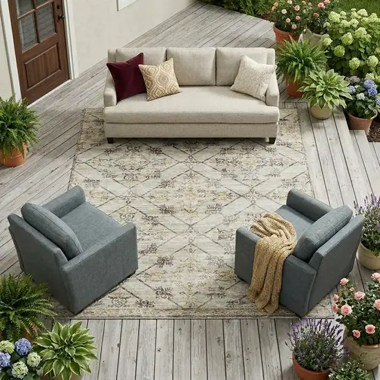 Beige And Sky Blue Geometric Washable Indoor Outdoor Area Rug Photo 1