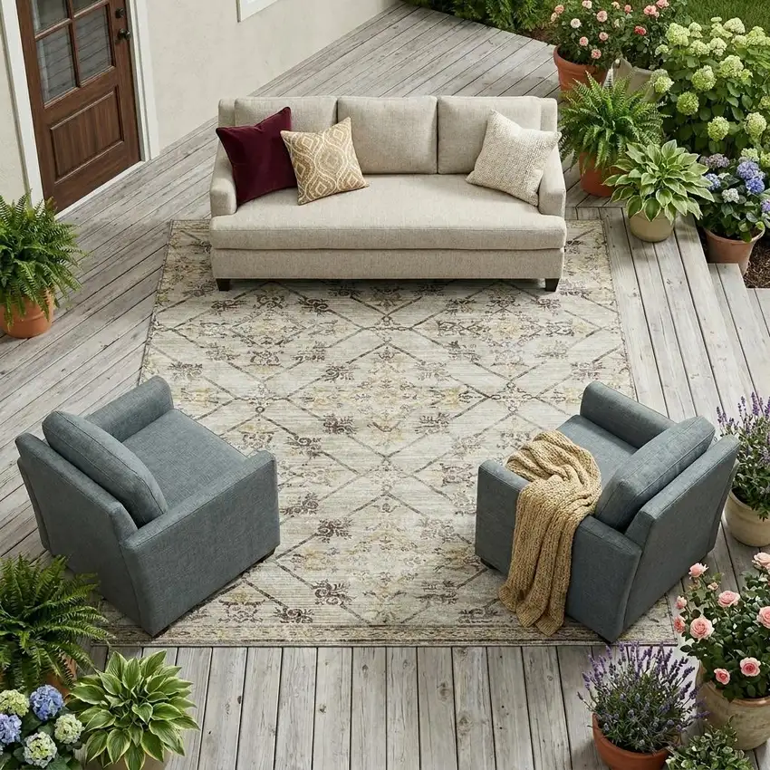 Beige And Sky Blue Geometric Washable Indoor Outdoor Area Rug Photo 1