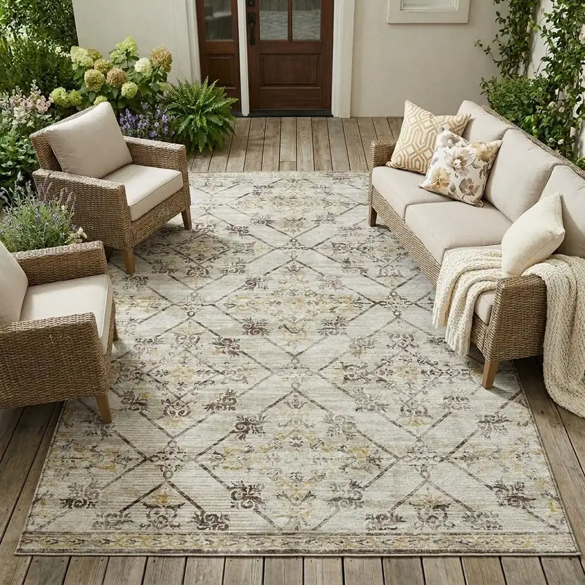 Beige And Sky Blue Geometric Washable Indoor Outdoor Area Rug Photo 1