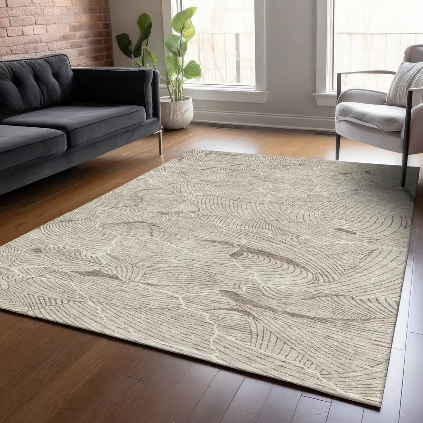 Beige And Tan Abstract Washable Indoor Outdoor Area Rug Photo 8