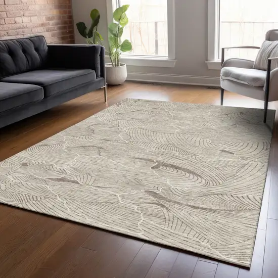 Beige And Tan Abstract Washable Indoor Outdoor Area Rug Photo 8