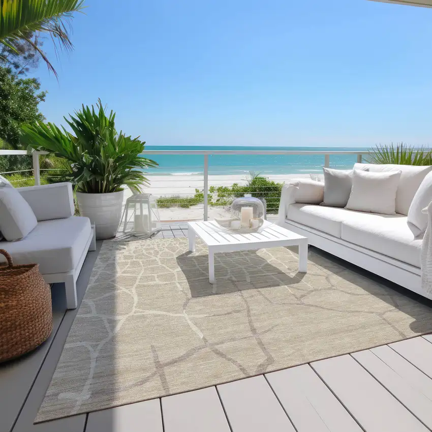 Beige And Tan Abstract Washable Indoor Outdoor Area Rug Photo 9