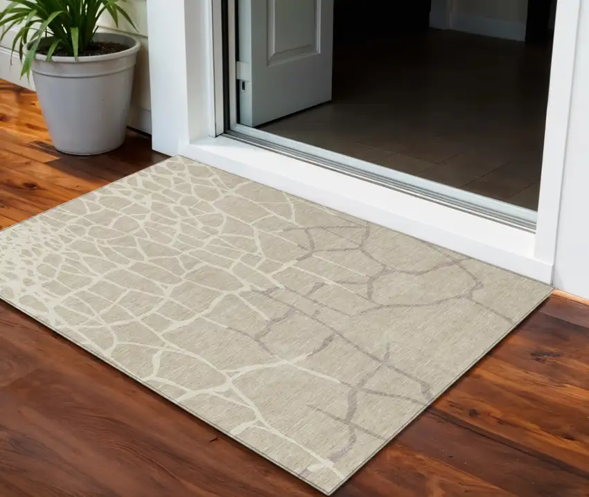 Beige And Tan Abstract Washable Indoor Outdoor Area Rug Photo 2