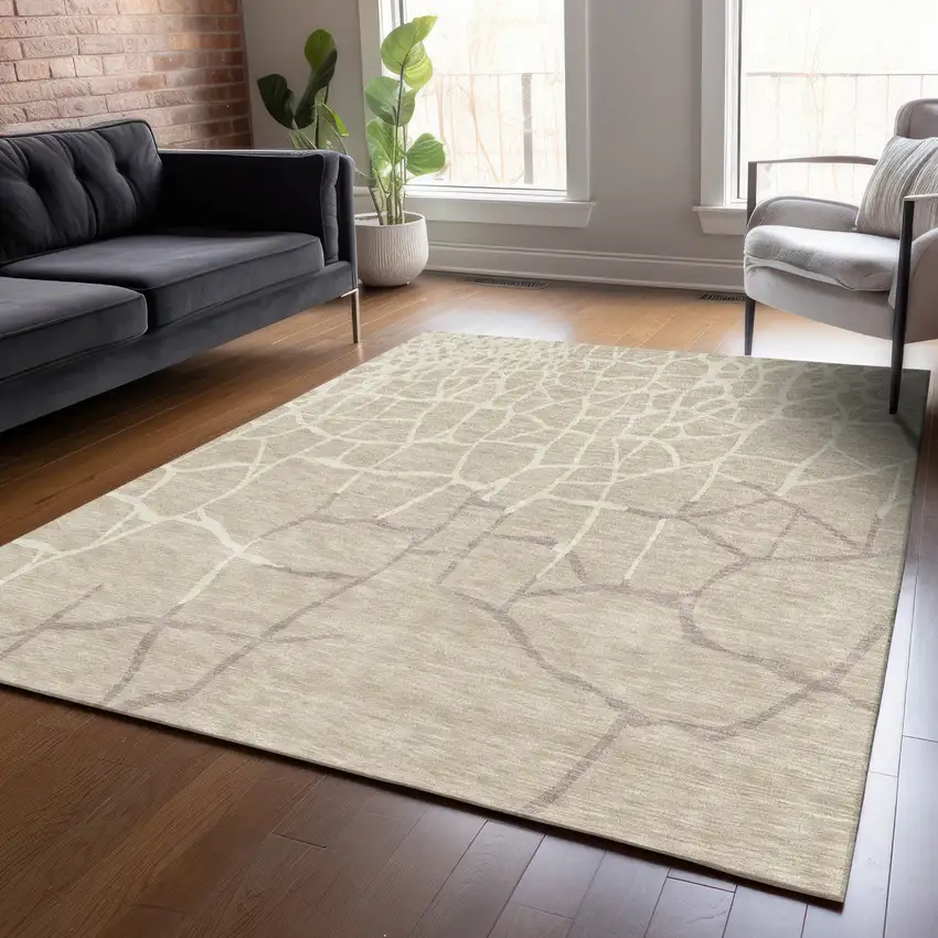 Beige And Tan Abstract Washable Indoor Outdoor Area Rug Photo 8