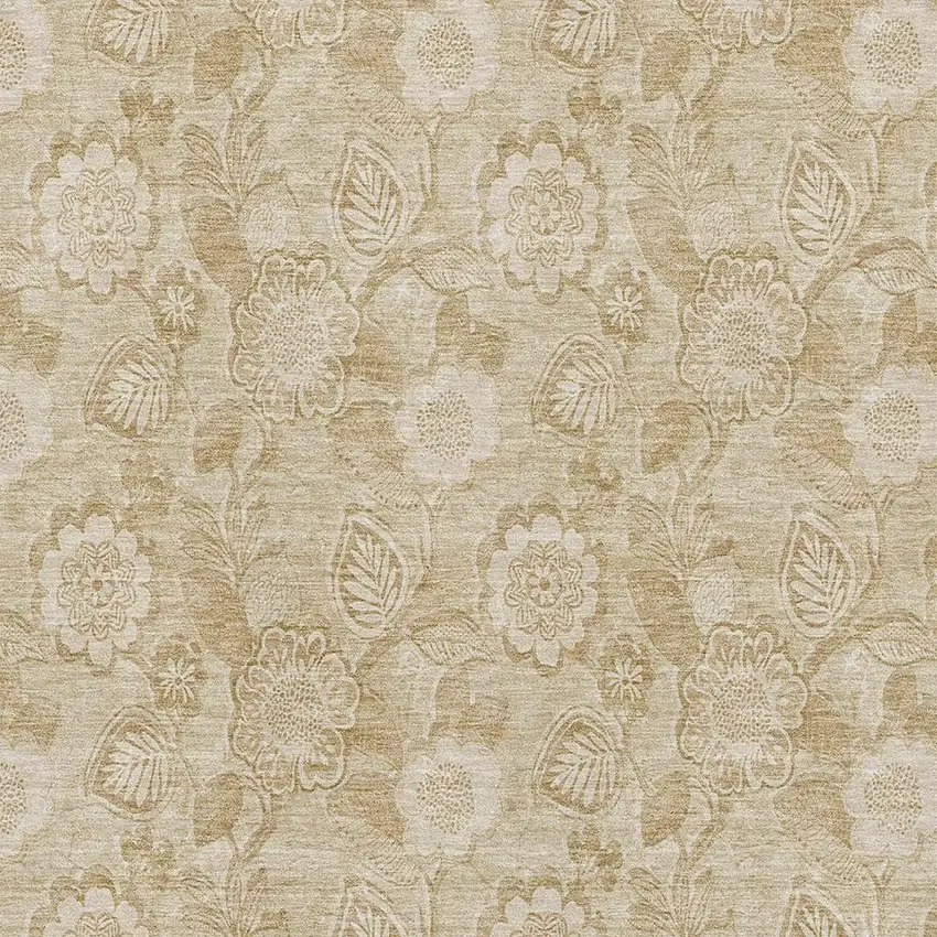 Beige And Tan Floral Washable Area Rug With UV Protection Photo 3