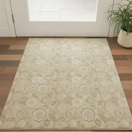 Beige And Tan Floral Washable Area Rug With UV Protection Photo 2