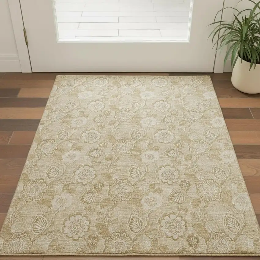 Beige And Tan Floral Washable Area Rug With UV Protection Photo 2