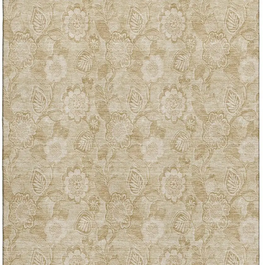 Beige And Tan Floral Washable Area Rug With UV Protection Photo 4
