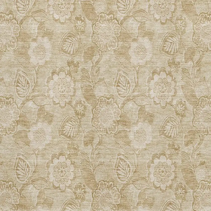 Beige And Tan Floral Washable Area Rug With UV Protection Photo 3