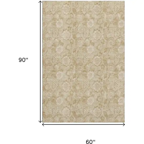 Beige And Tan Floral Washable Area Rug With UV Protection Photo 9