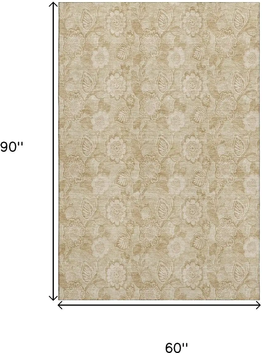 Beige And Tan Floral Washable Area Rug With UV Protection Photo 9