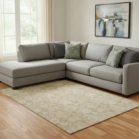 Beige And Tan Floral Washable Area Rug With UV Protection Photo 2