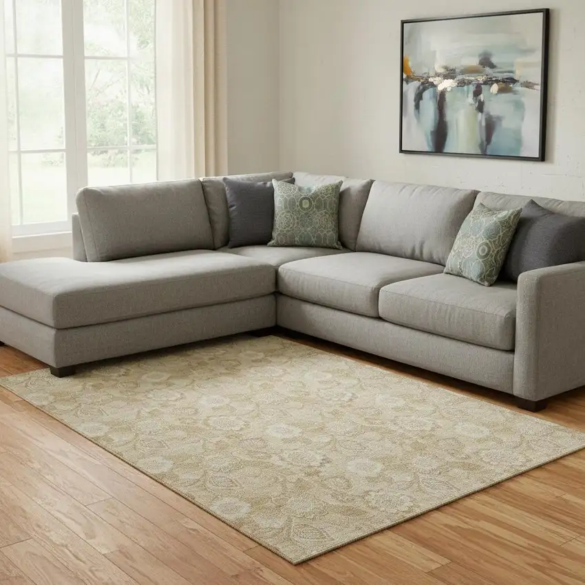 Beige And Tan Floral Washable Area Rug With UV Protection Photo 2