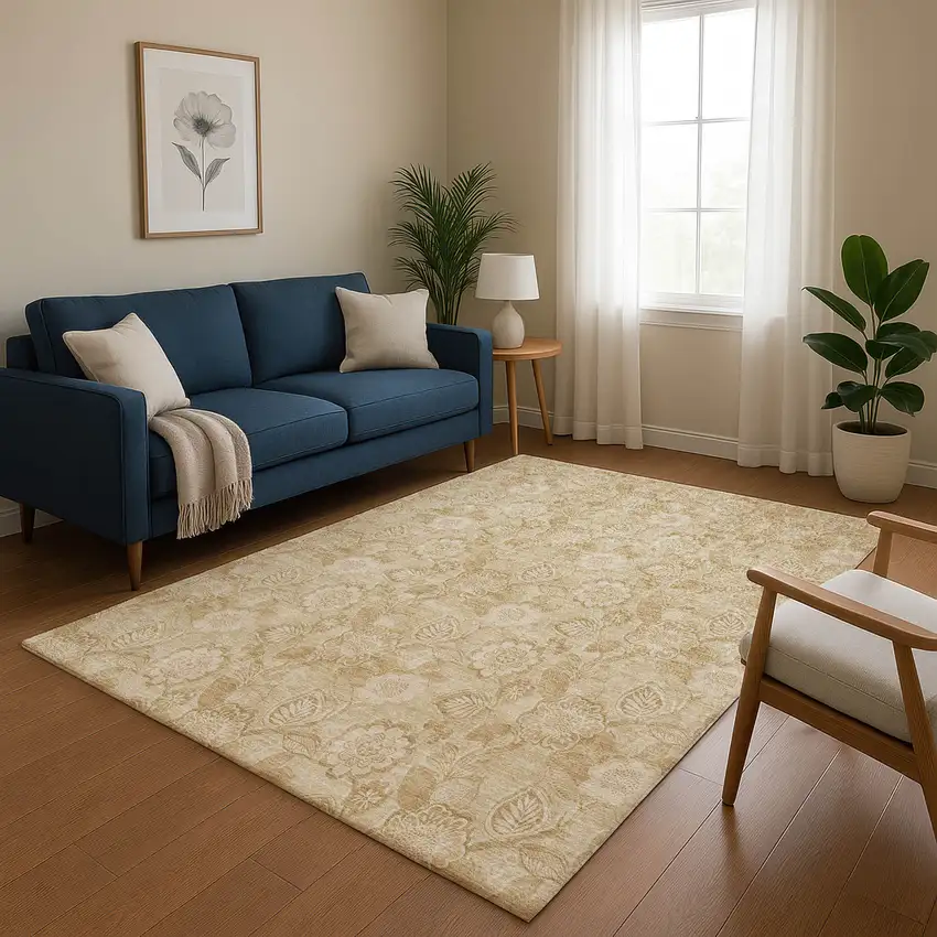 Beige And Tan Floral Washable Area Rug With UV Protection Photo 4