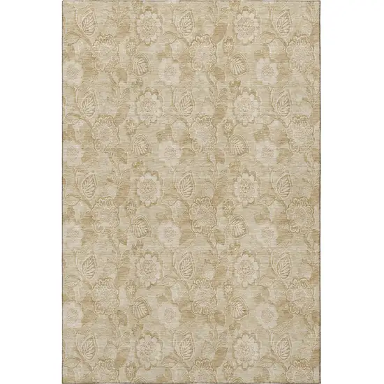 Beige And Tan Floral Washable Area Rug With UV Protection Photo 3