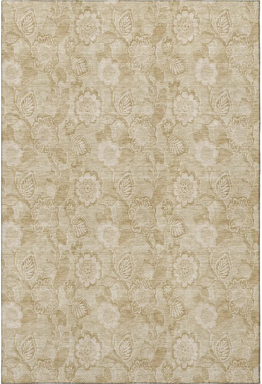 Beige And Tan Floral Washable Area Rug With UV Protection Photo 3